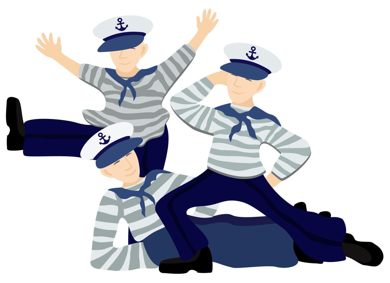 Vector isolated illustration of three dancing sailors.