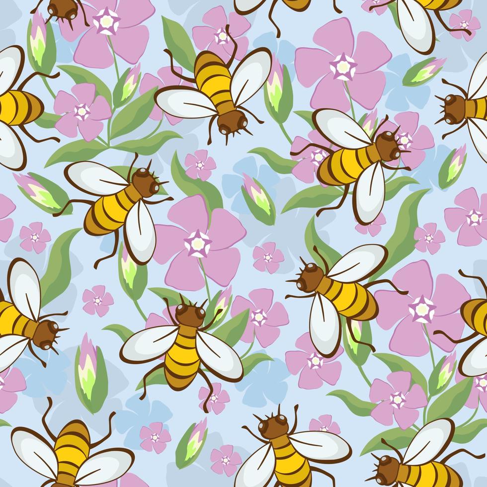 Vector seamless floral pattern with bees on pink flowers.