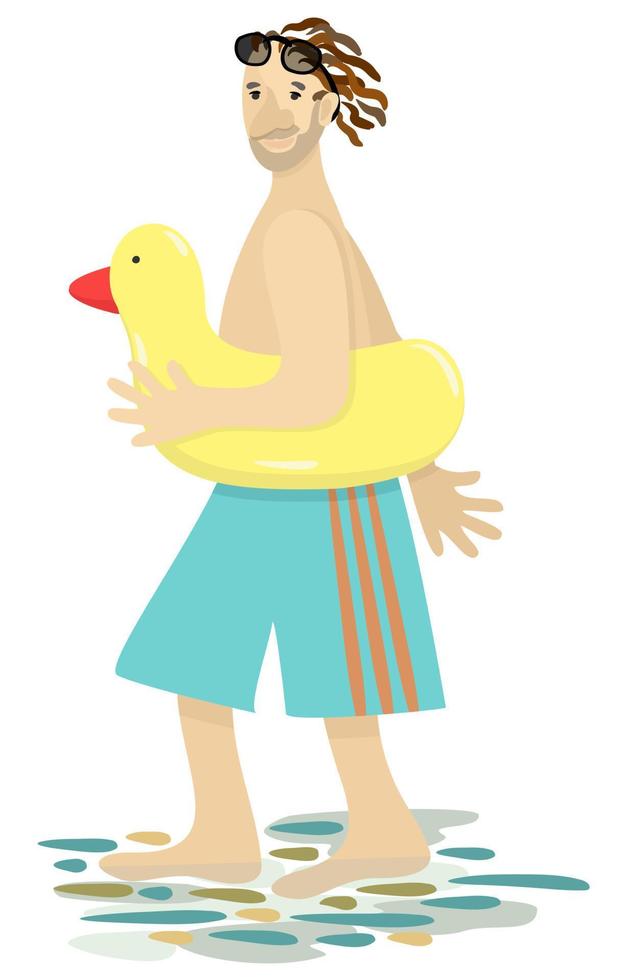 Vector isolated illustration of man with inflatable swimming circle.