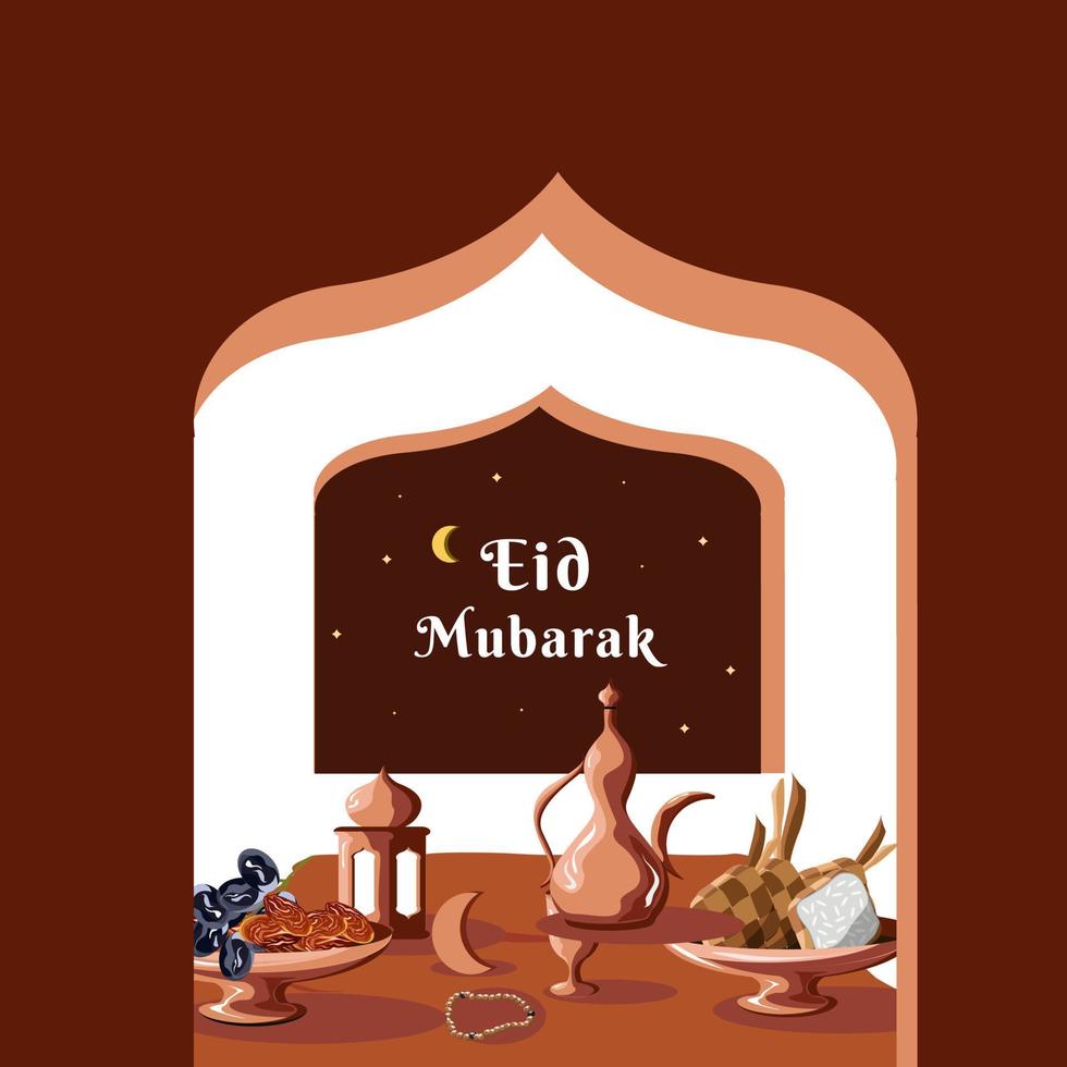 Eid Mubarak and Food Vector Illustration