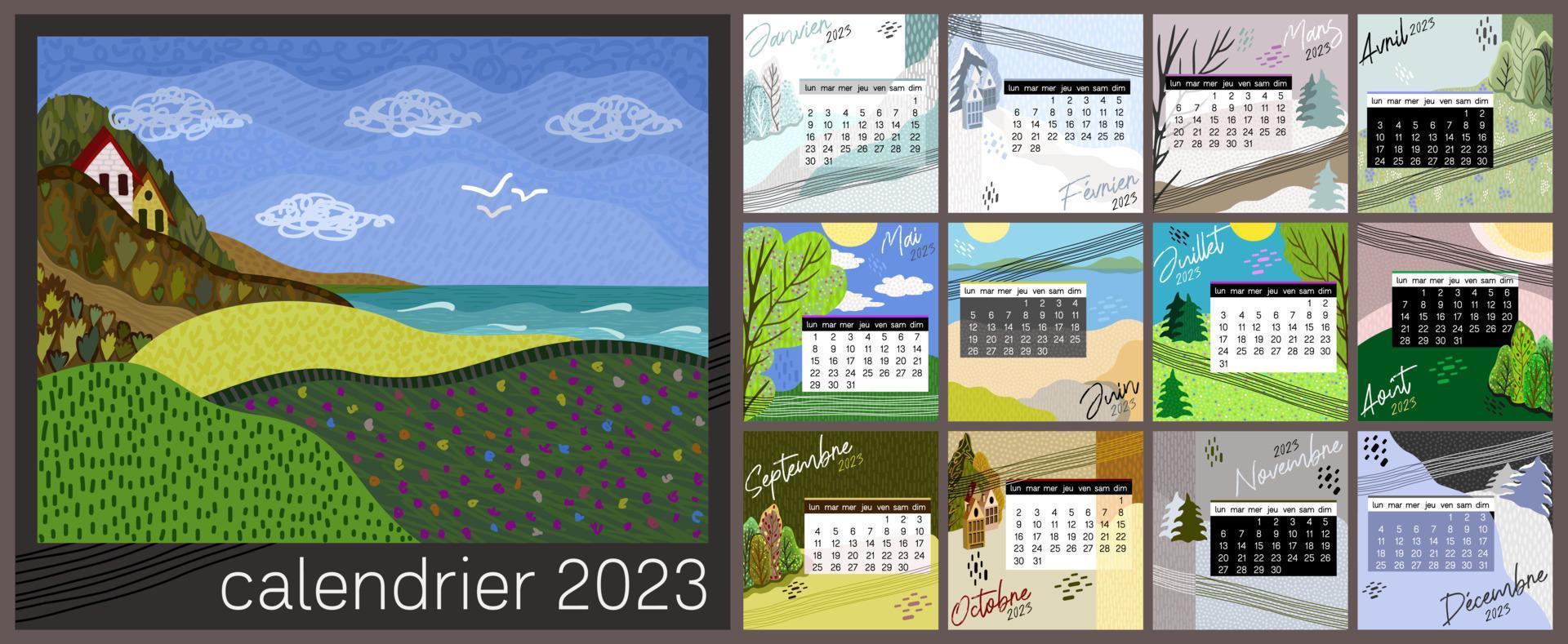 Calendar 2023 in french language. Colorful monthly calendar with various landscapes. vector