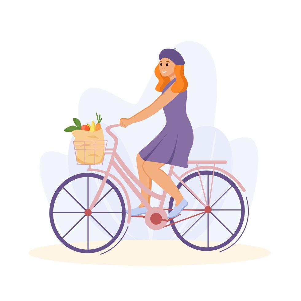 joven mujer moderna montando bicicleta con cesta. ciclista feliz en bicicleta con bolsa de red de comestibles en la naturaleza. concepto de transporte ecológico. ilustración vectorial plana coloreada aislada sobre fondo blanco vector