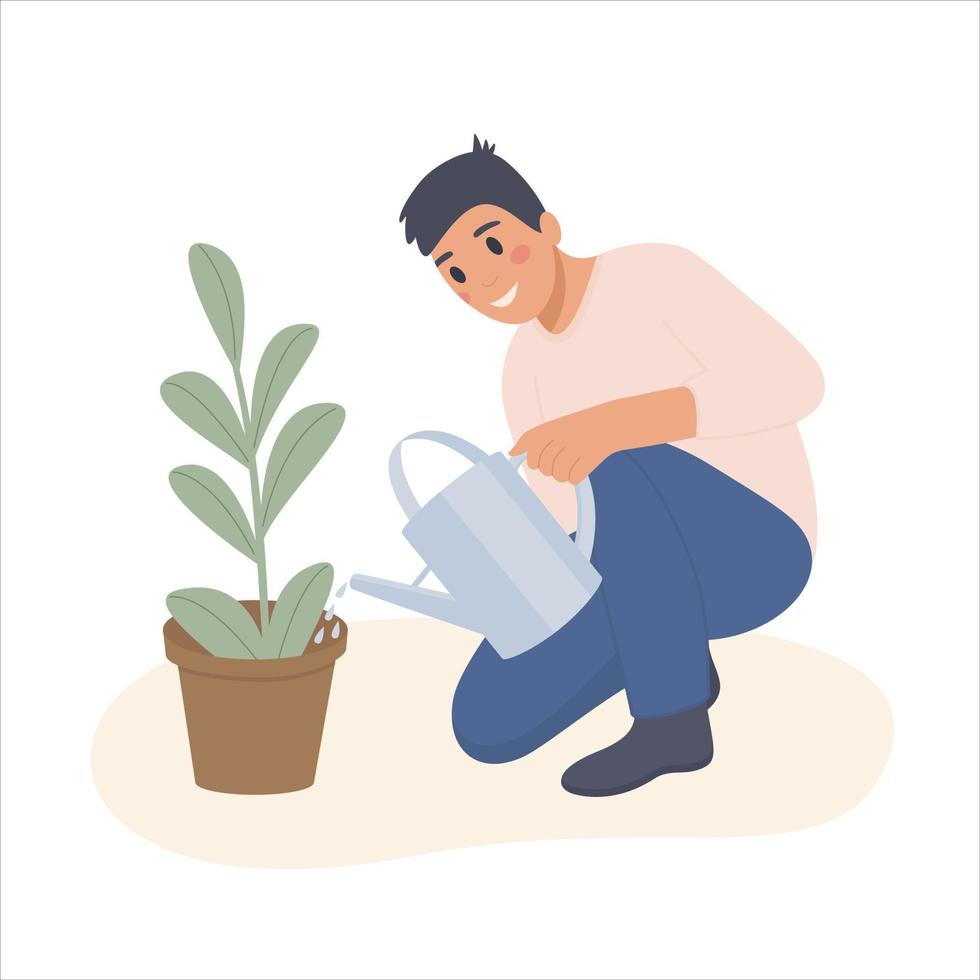 Gardening illustration, a guy with a watering can waters a home plant in a pot. Ecological concept. Icon, print, clip art vector