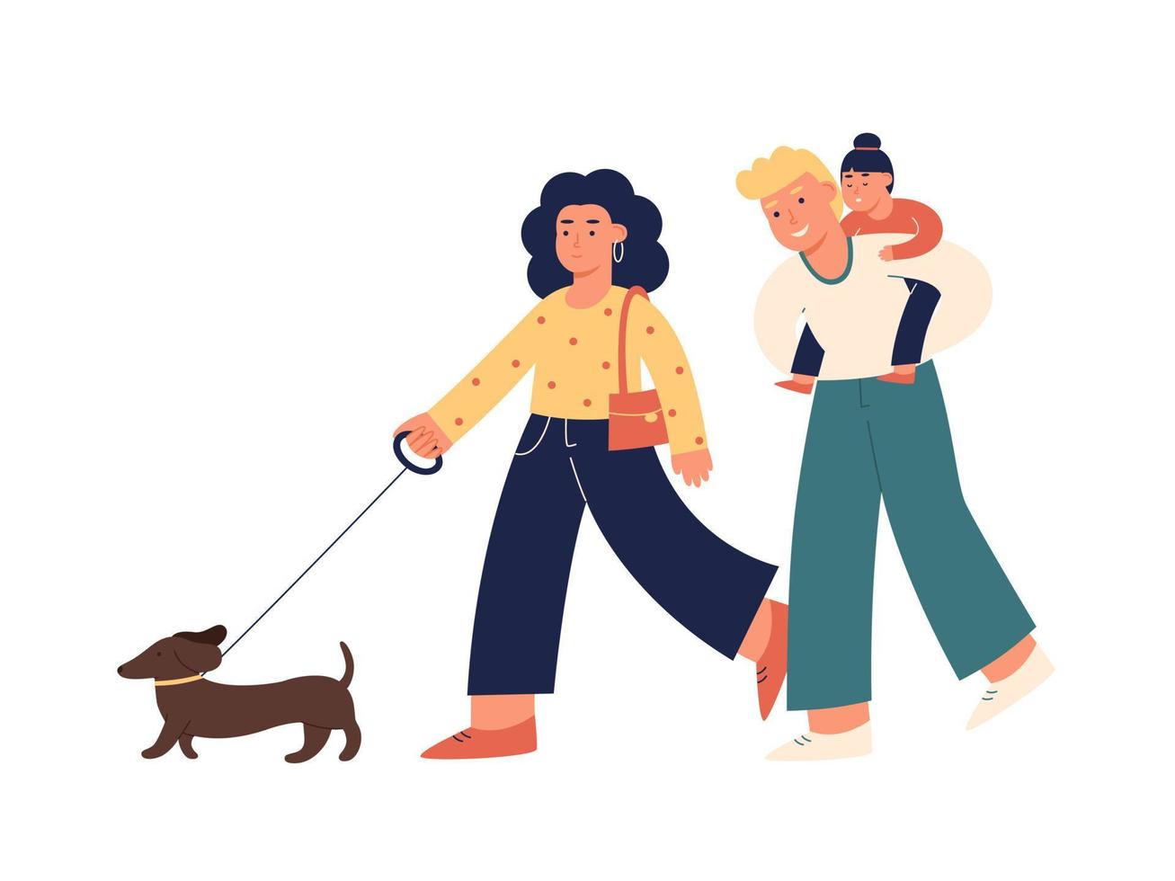 Happy multiethnic family mom, dad, daughter and dog spend time together. Active weekend, healthy lifestyle. Isolated vector illustrations