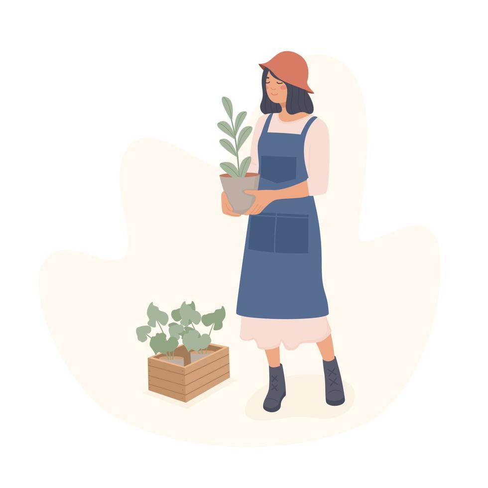 niña cuidando plantas de interior en jardín urbano con gato. la vida cotidiana y la escena de la rutina diaria de una mujer joven en un interior acogedor de estilo escandinavo con plantas caseras. ilustración vectorial de dibujos animados. vector