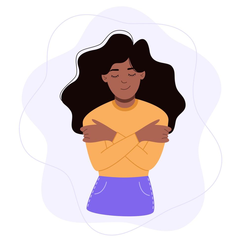 Happy cute african woman with afro hairstyle hugging herself with enjoying emotions isolated. Love concept of yourself body vector illustration.