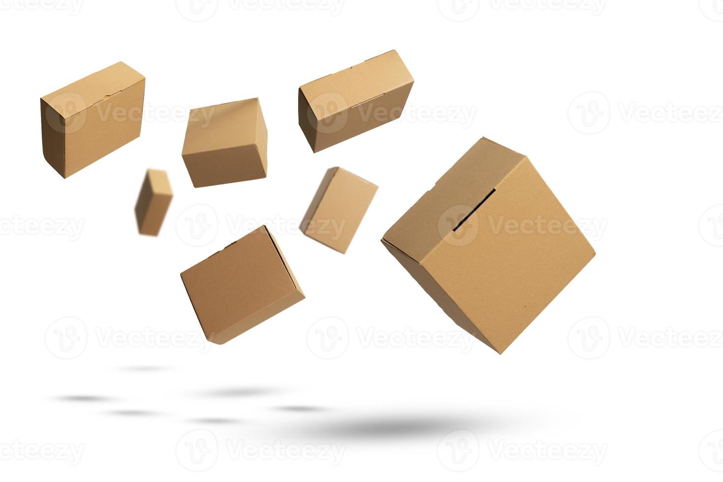 flying cardboard boxes on white background photo