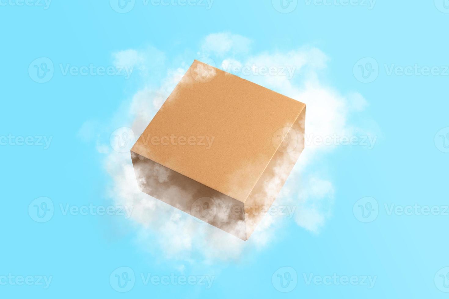 Brown Carton Cardboard box flying with clouds on Blue background photo