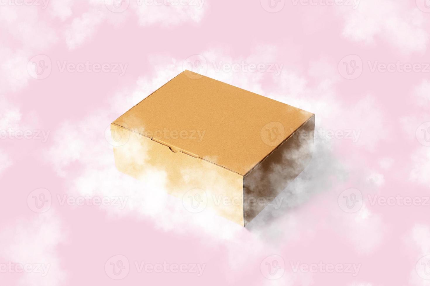 Brown Carton Cardboard box flying with clouds on Pink background photo