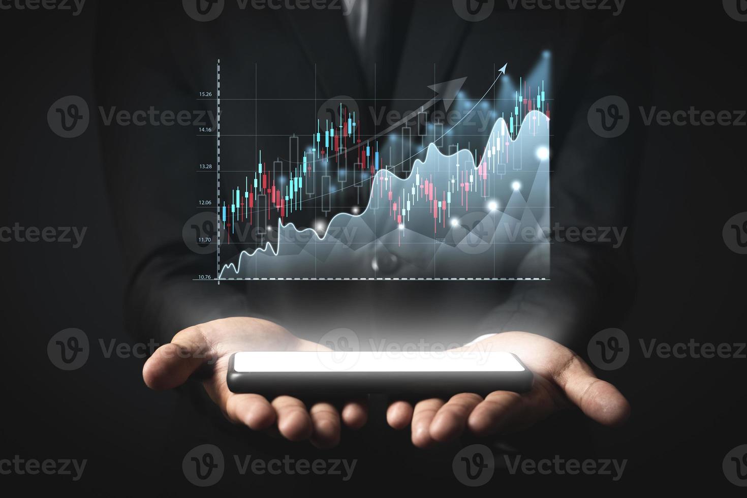 Businessman analyze sales data and graph economic growth. Planning and business strategy Analysis of forex trading Finance and banking. photo