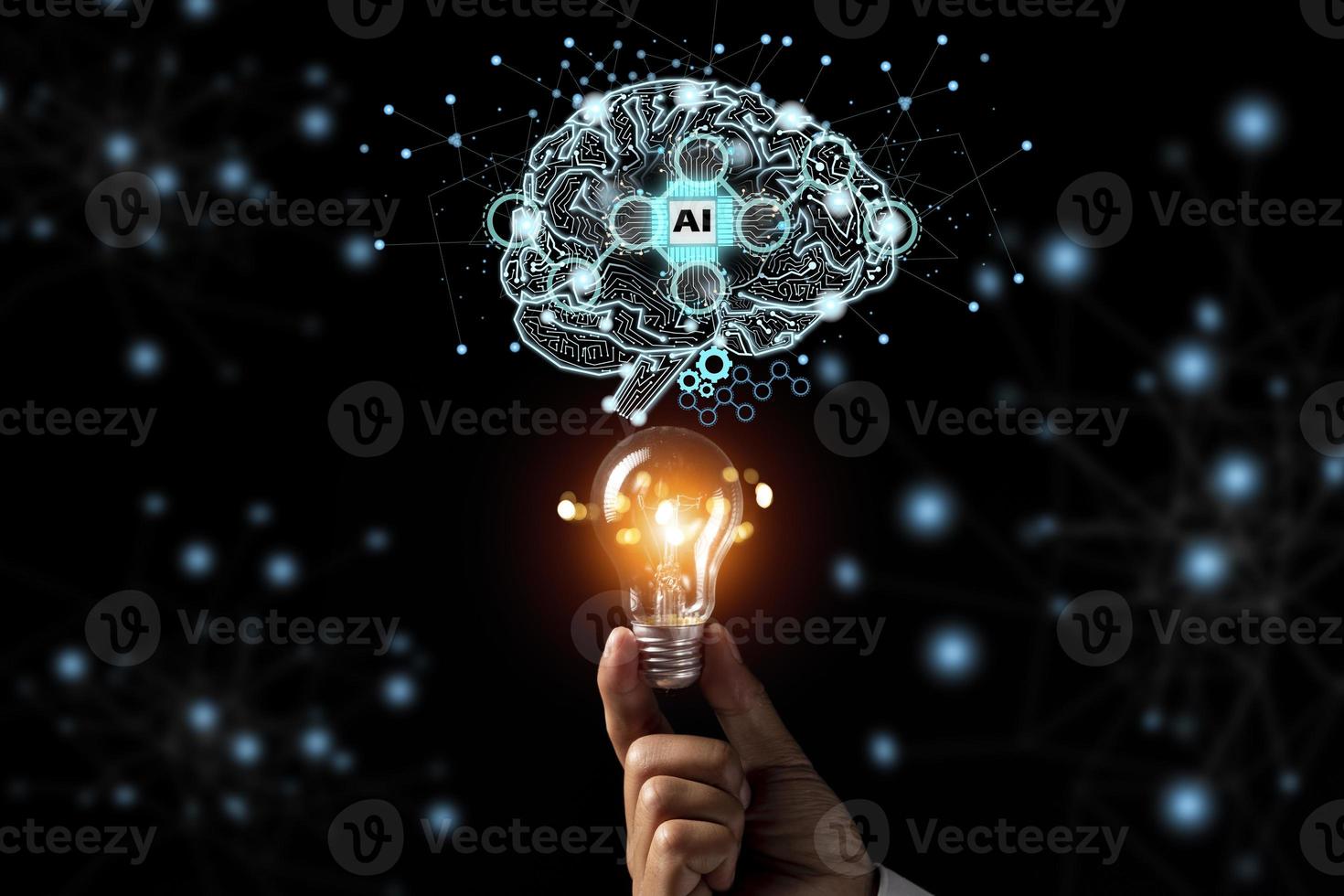 Man holding bulb lamp nad Brain with printed circuit board artificial intelligence AI photo