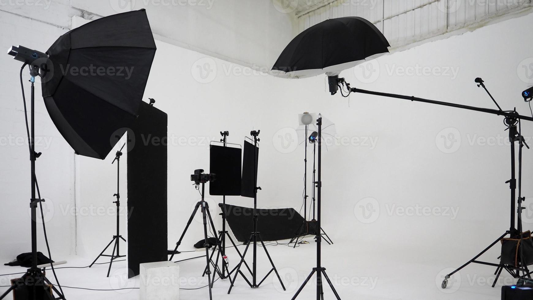 Studio video production lighting set. Behind the scenes shooting production set up photo