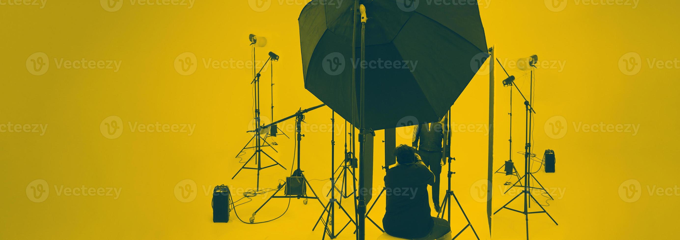Studio video production lighting set. Behind the scenes shooting production set up photo