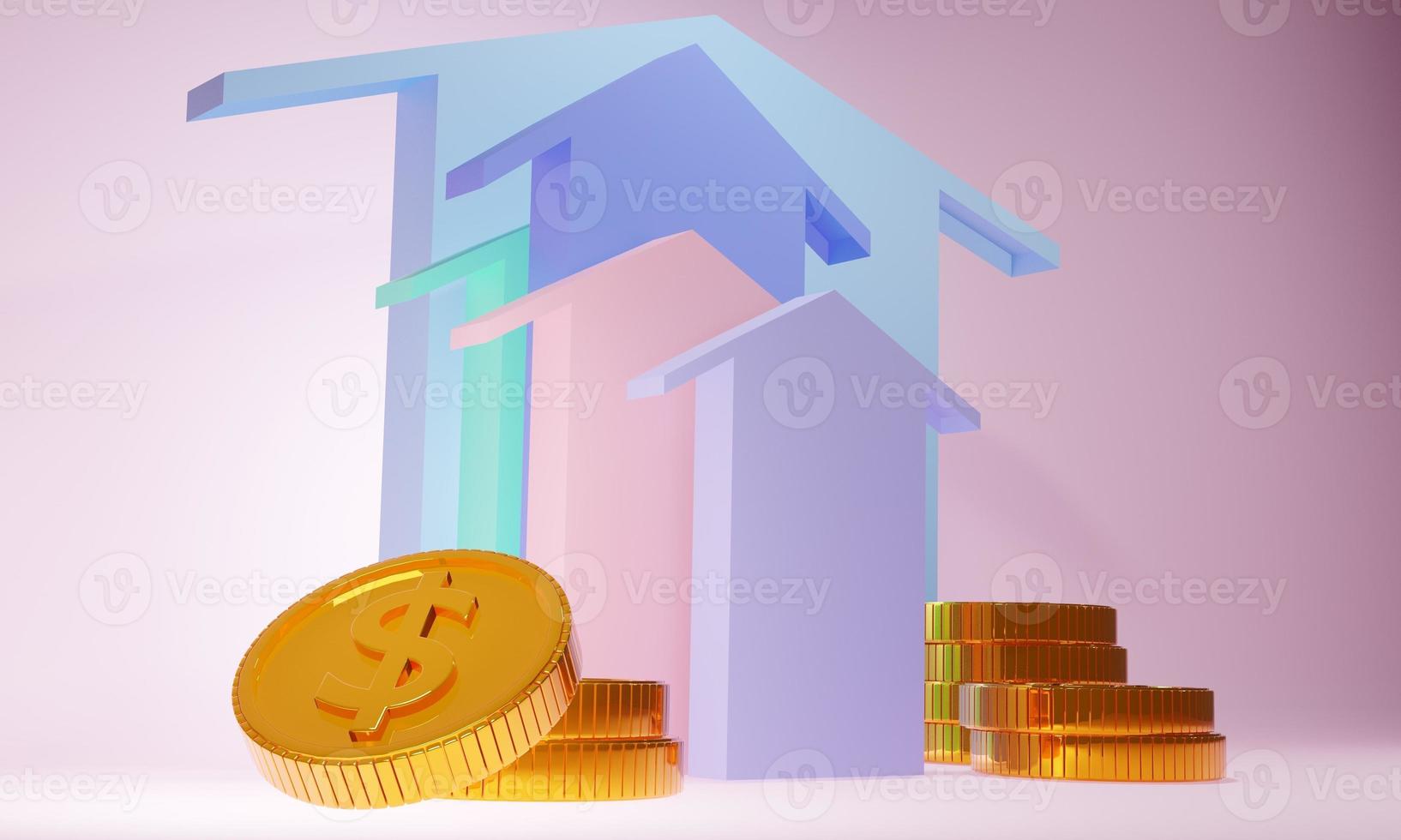 Home property investment, Saving money, working capital, Business loans for real estate concept, 3D rendering illustration, stack of coins. photo