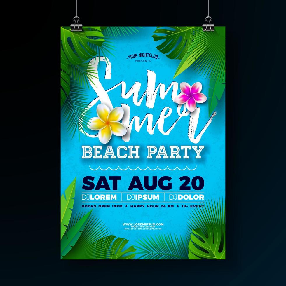 Vector Summer Beach Party Flyer Design with Flower and Tropical Palm Leaves on Blue and Background. Summer Holiday Celebration Illustration with Exotic Plants for Banner, Flyer, Invitation or Poster