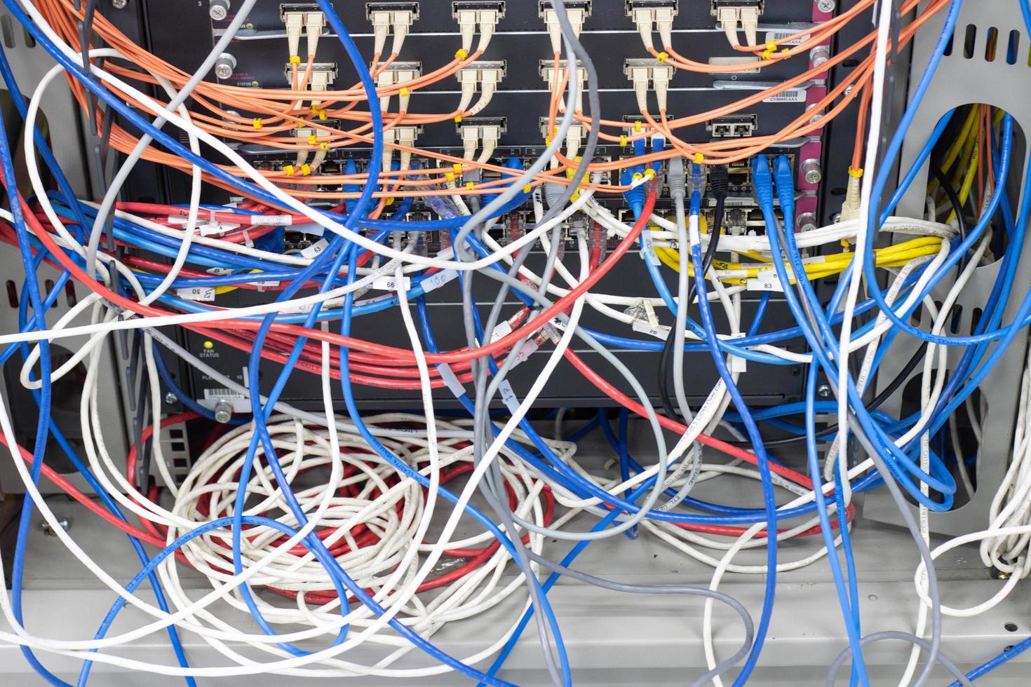 cable network in server room cable tangled of poorly routed cables Concept Organized Cabling in server rooms photo