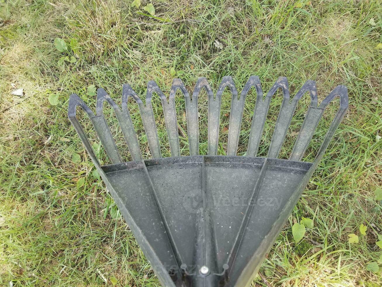 black plastic rake in green grass photo