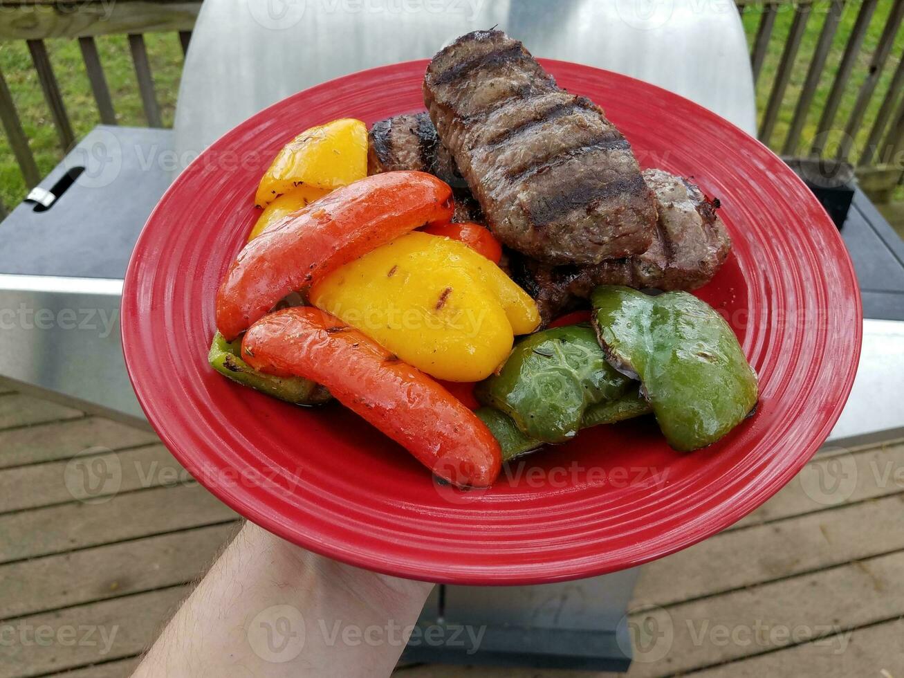 hand holding red plate with grilled steak and red yellow and green peppers photo