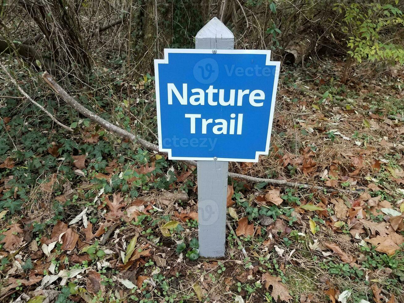 blue nature trail sign on stake with leaves and grass photo