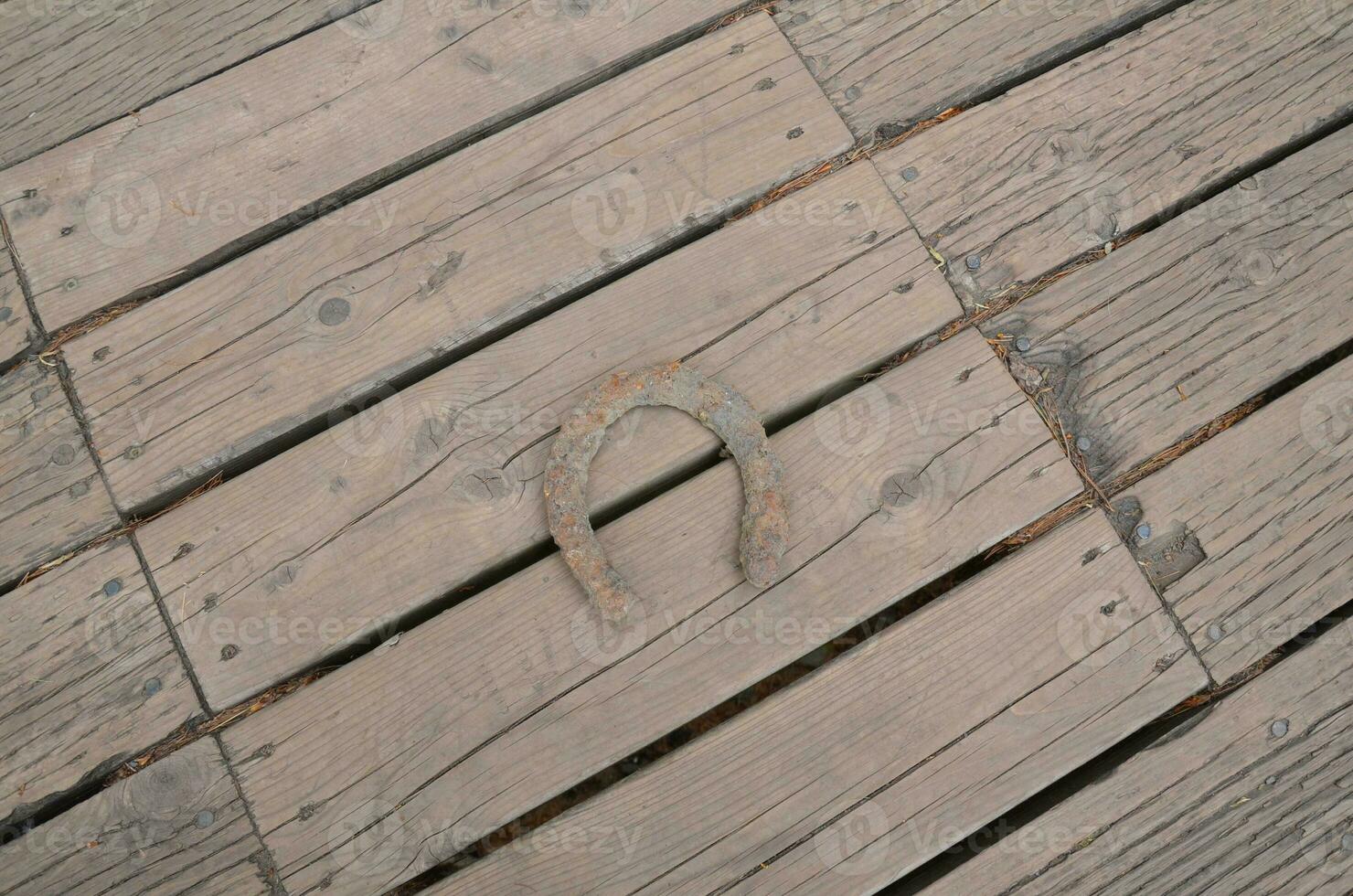 rusty horse shoe on brown wood floor or ground photo