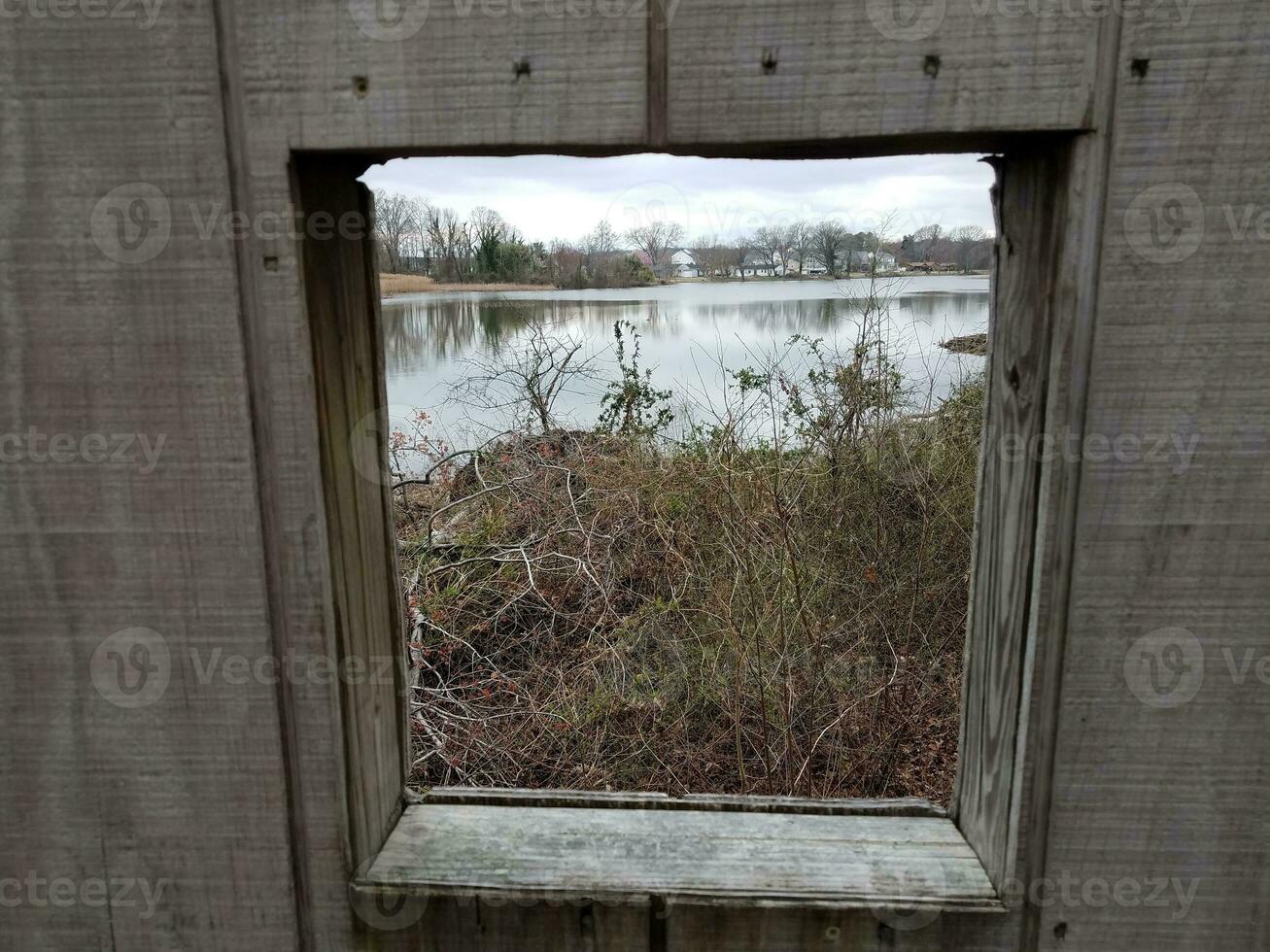 wood bird blind window or frame with water and plants photo