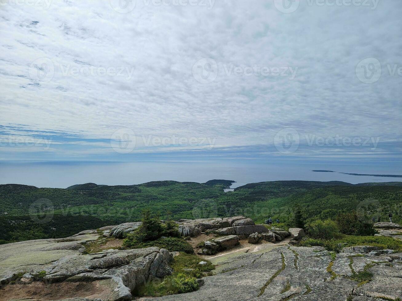 granite rocks and trees view from Cadillac mountain in Maine photo