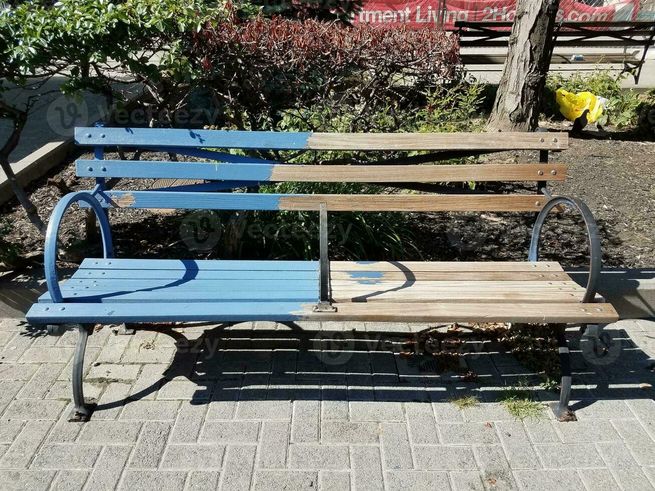 park bench half painted blue photo