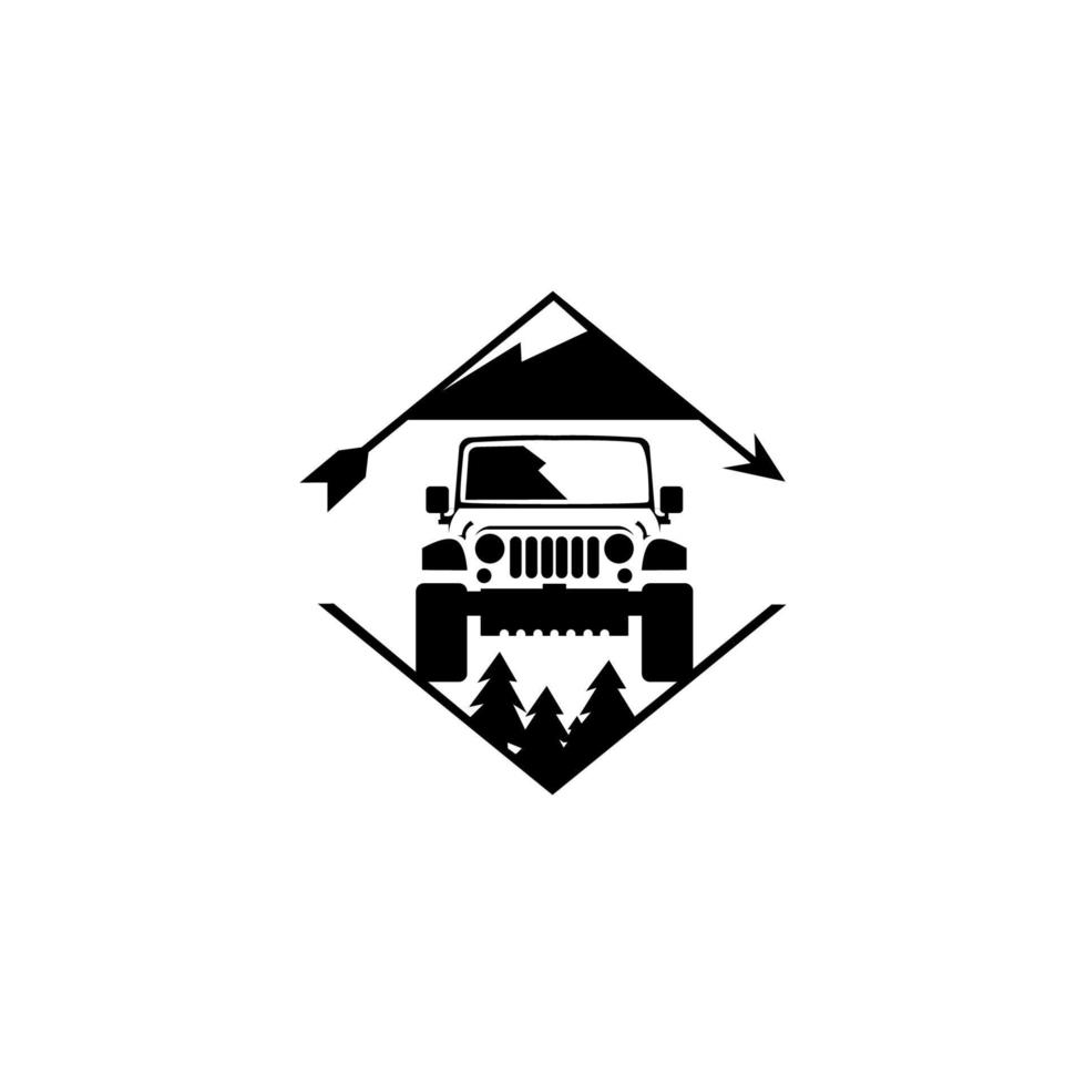 excursiones en jeep safari. expedición de montaña. emblema de jeep. logotipo de escudo. aventura al aire libre monocromática retro y placa de montaña. vector
