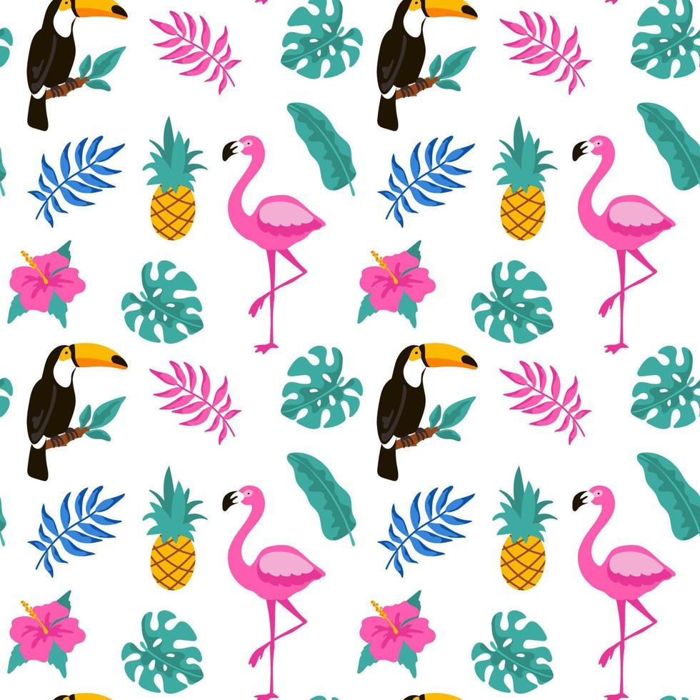 Hand drawn tropical seamless pattern with palm tree, monstera leaves, toucan and pink flamingo on white background. Vector illustration