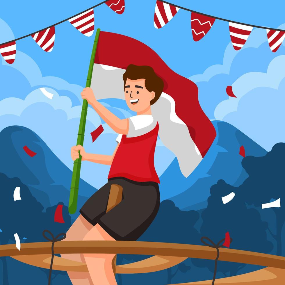 Young Man Holding Indonesian Flag for Independence Day vector