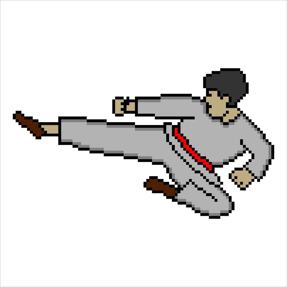 Martial arts fighter with high kicks in pixel art. Vector illustration.