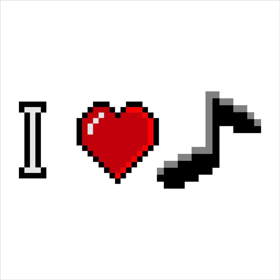 Me encanta la música con el icono del símbolo del corazón y la música de notas en pixel art. ilustración vectorial vector