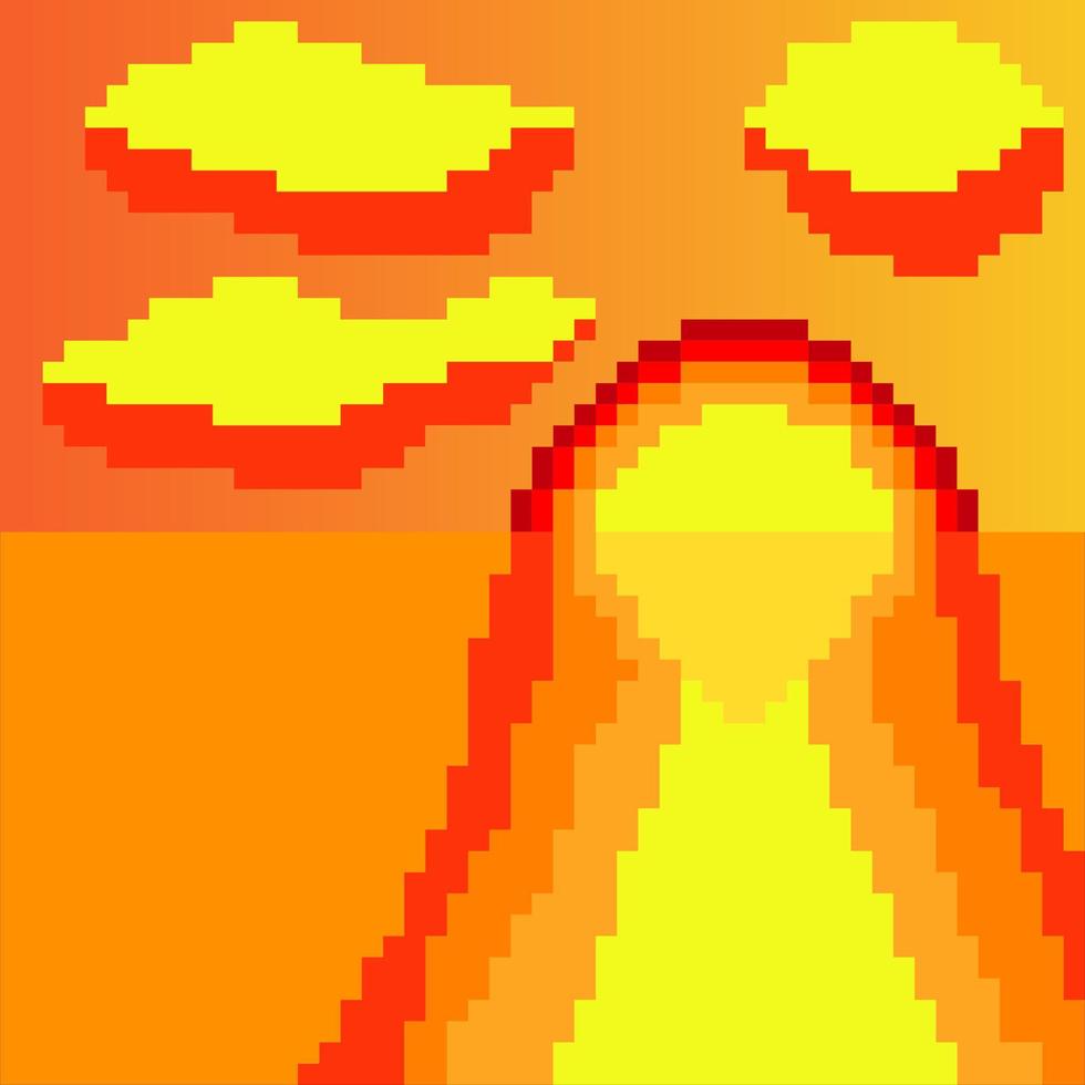 Sunset on beach with pixel art. Vector illustration.