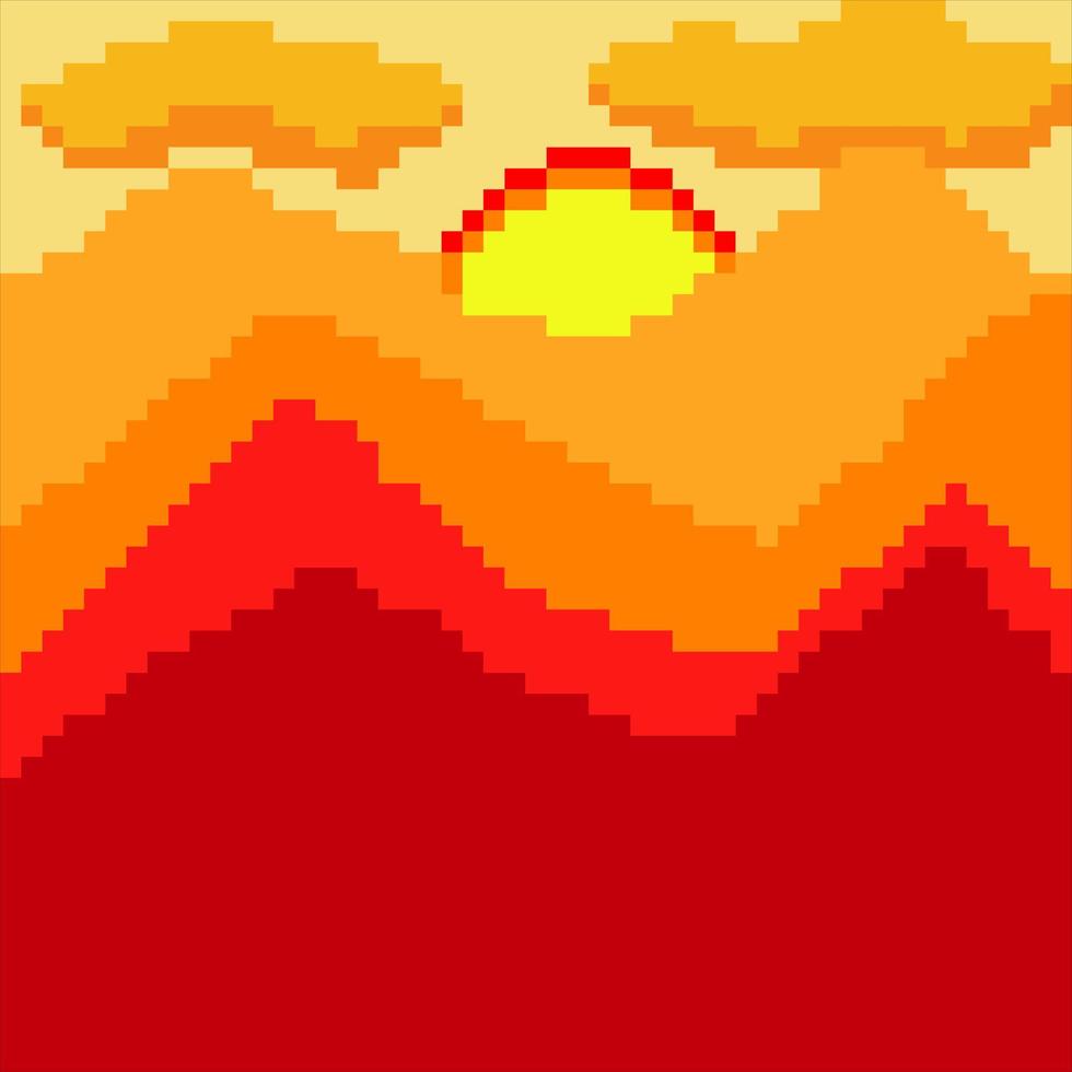 Pixel sunset in mountains. Vector illustration.