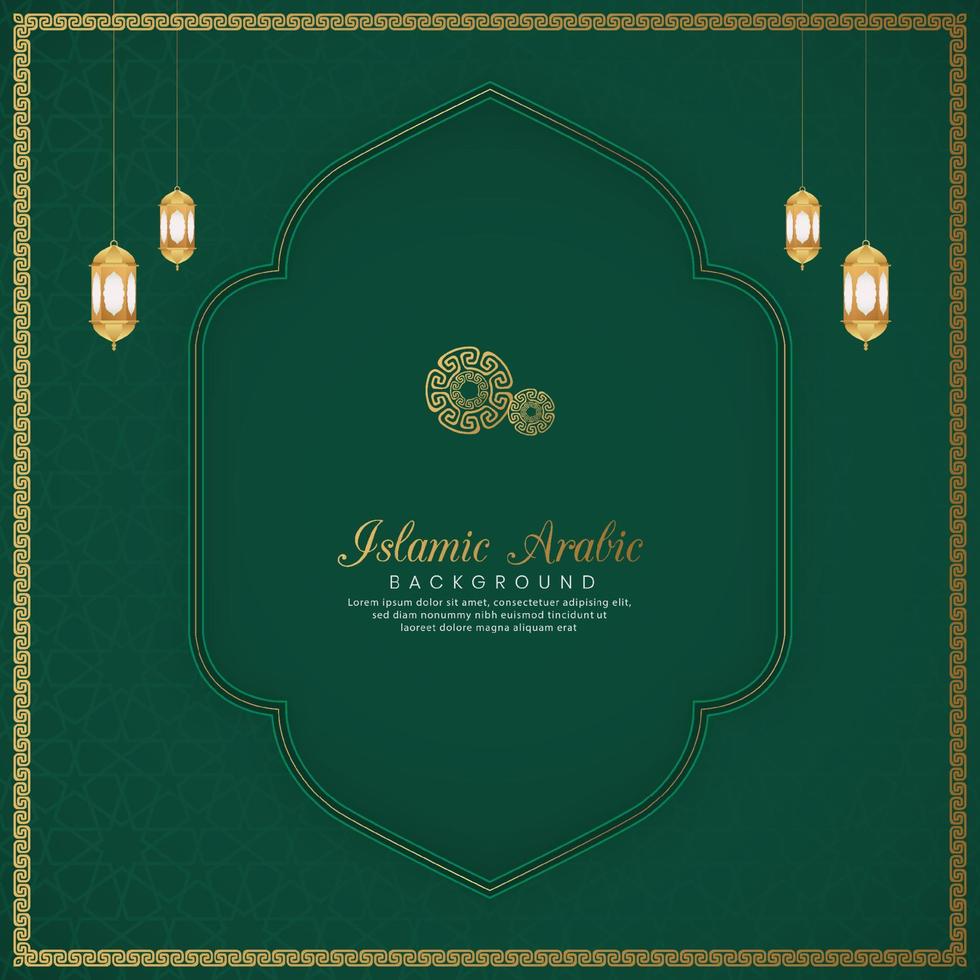 Islamic Arabic Green Luxury Ramadan Kareem Background with Golden Pattern Border Frame and Lanterns vector