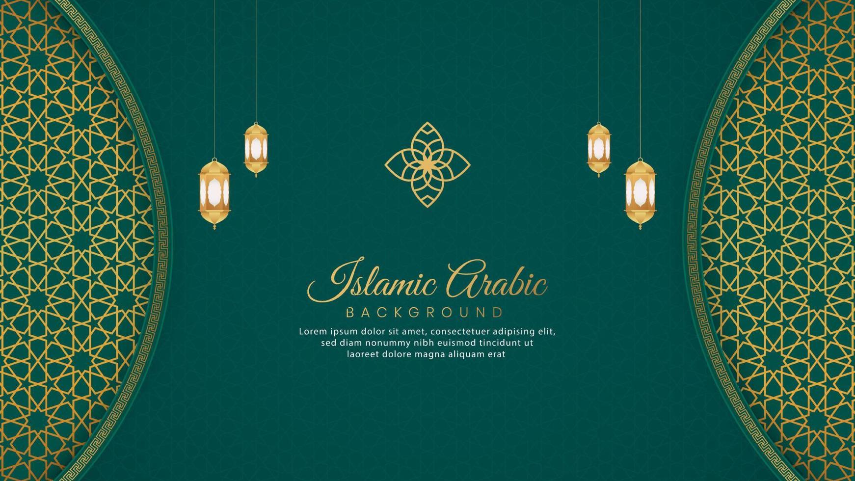 Islamic Arabic Green Luxury Background with Geometric pattern and Beautiful Ornament with Lanterns vector