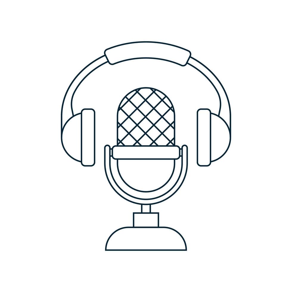 Podcast icon. Microphone and headphones. Outline symbol. Vector illustration in sketch style  isolated on white background.