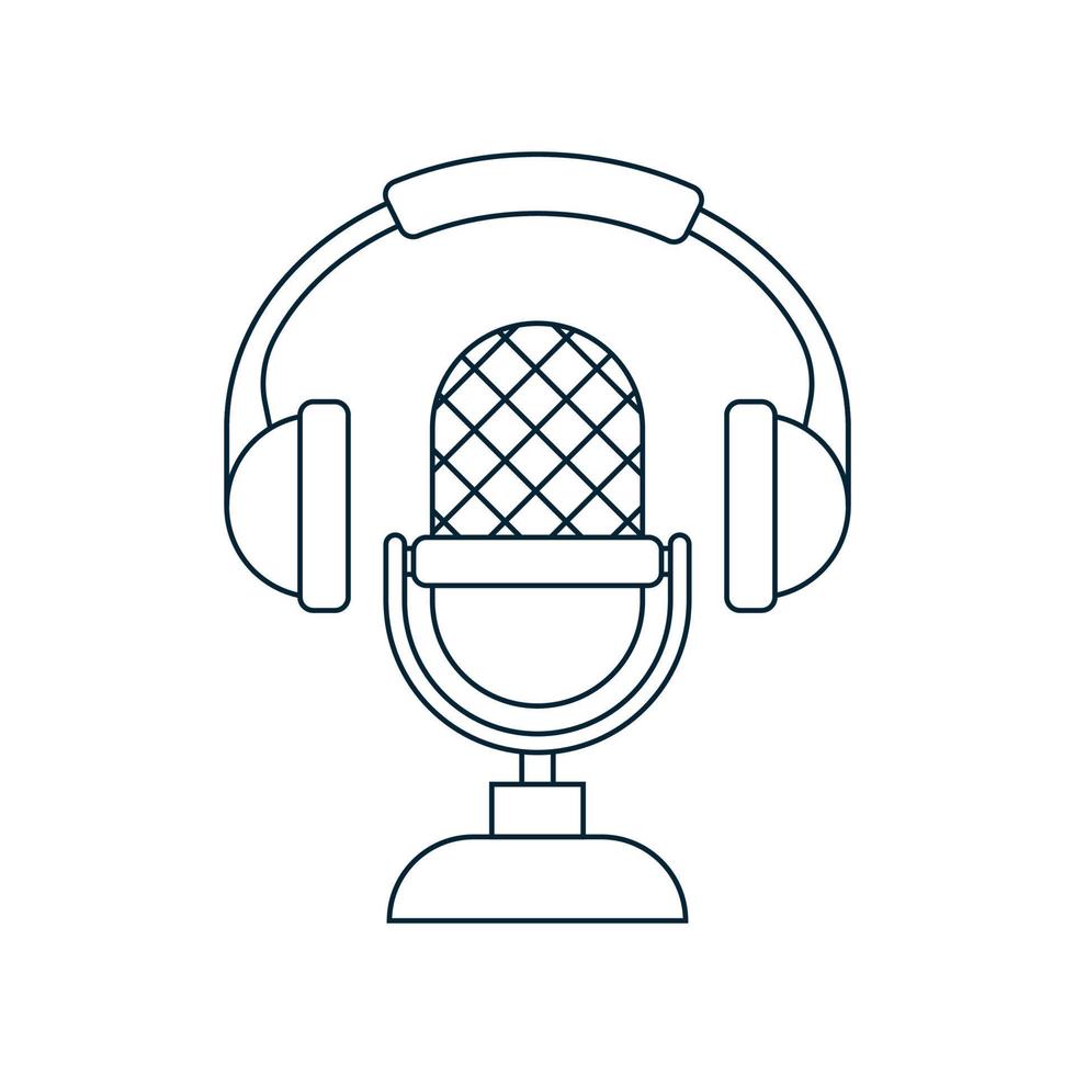 icono de podcast. micrófono y auriculares. símbolo de contorno. ilustración vectorial en estilo boceto aislado sobre fondo blanco. vector