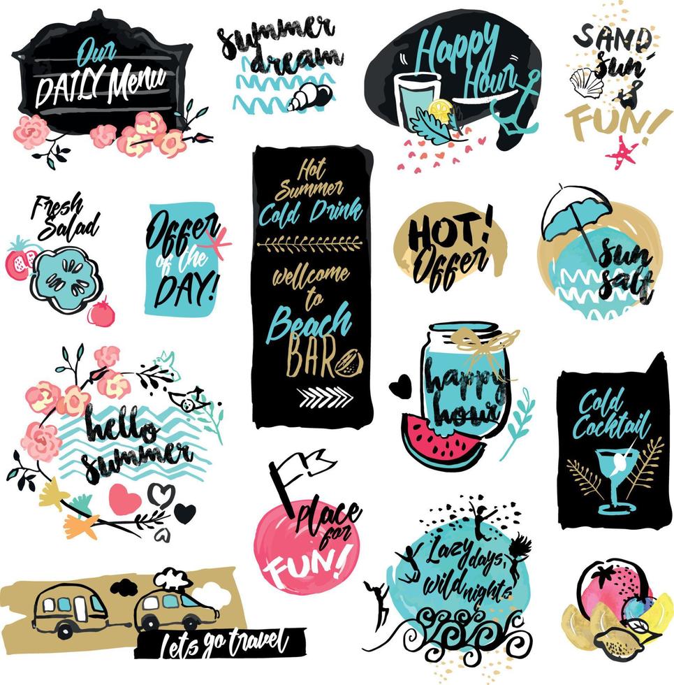 Set of hand drawn watercolor labels and badges of summer. Vector illustrations for summer holiday, travel and vacation, restaurant and bar, menu, sea and sun, beach vacation and party.