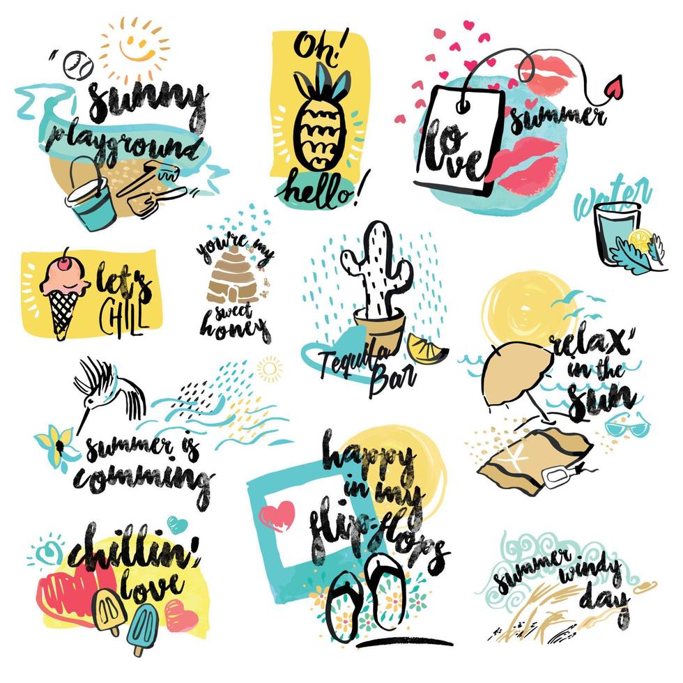 Set of hand drawn watercolor signs of summer. Vector illustrations for summer holiday, travel and vacation, restaurant and bar, menu, sea and sun, beach vacation and party.