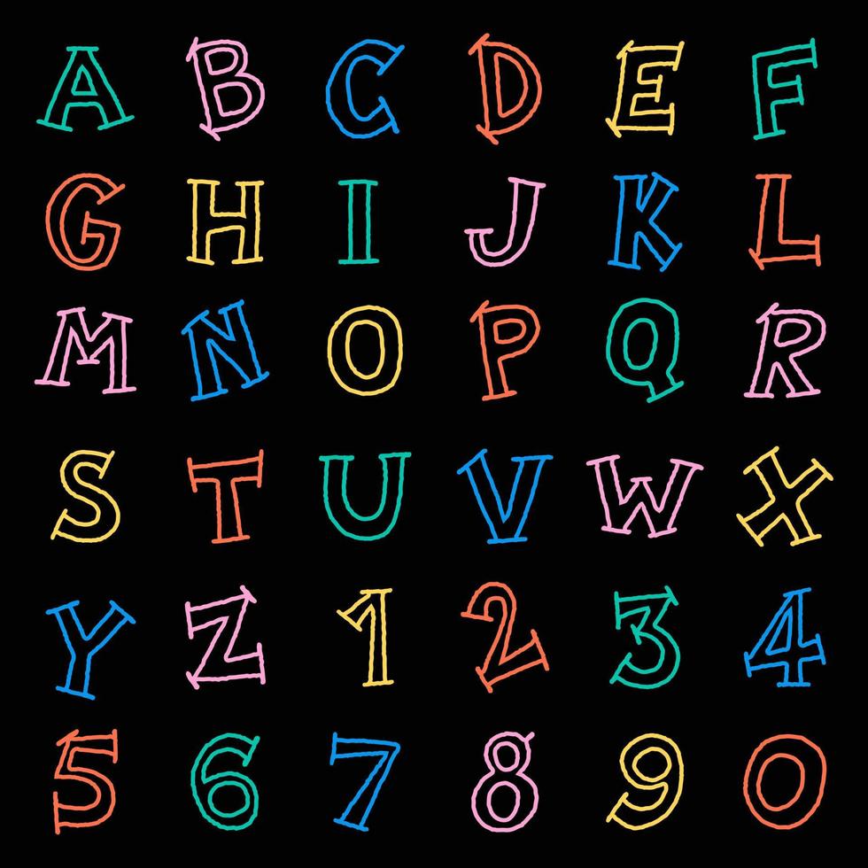 Cute Children Kids Font Letter Cartoon Style Hand Drawing Drawn Colorful All Cap English Alphabet Numeric Number Character Doodle Outline Set Collection isolated vector illustration Black Background