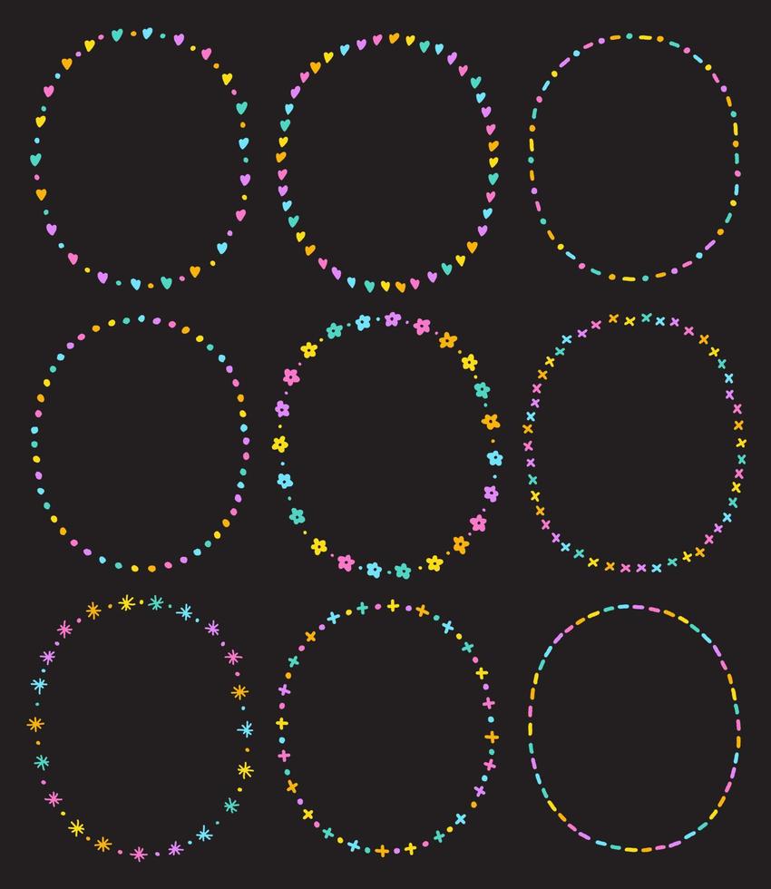 Cute Neon Abstract Heart Flower Valentines Day Circle Oval Doodle Free Hand Drawing Drawn Line Borders Frames Wreath Plate Set Collection Flat Style Rainbow Black Background Vector Illustration