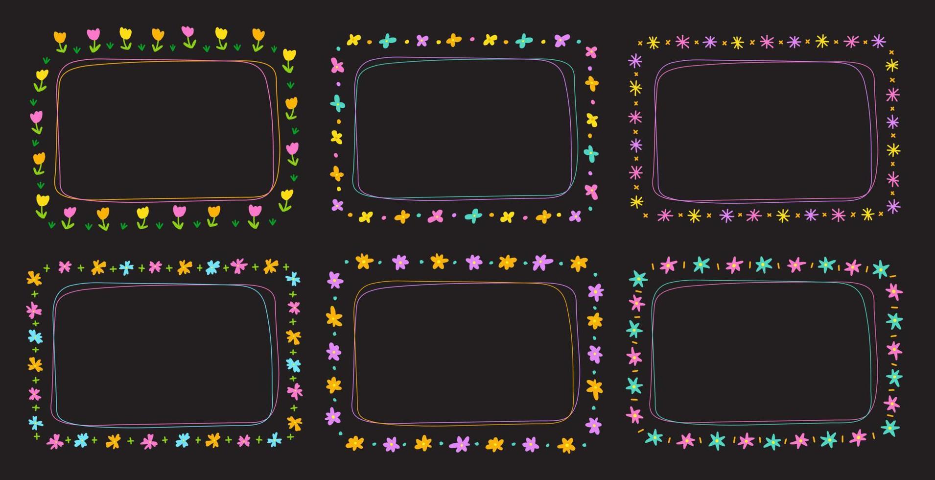 Cute Neon Abstract Daisy Flower Rectangle Doodle Free Hand Drawing Drawn Line Borders Frames Wreath Plate Set Collection Flat Style Rainbow Colorful Black Background Vector Illustration Pack