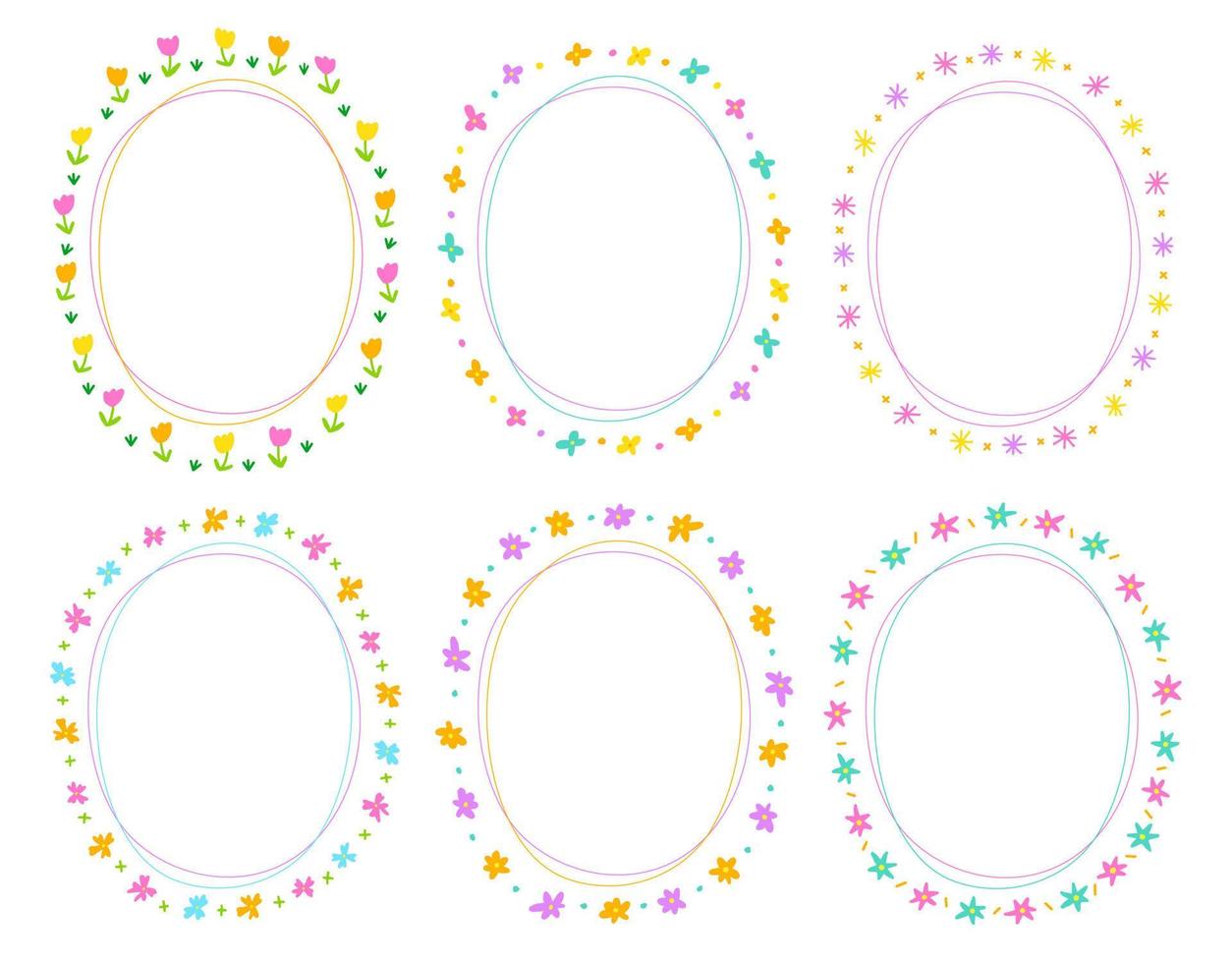 Cute Abstract Daisy Flower Circle Oval Doodle Free Hand Drawing Drawn Line Borders Frames Wreath Plate Set Collection Flat Style Rainbow Colorful Background Vector Illustration Pack