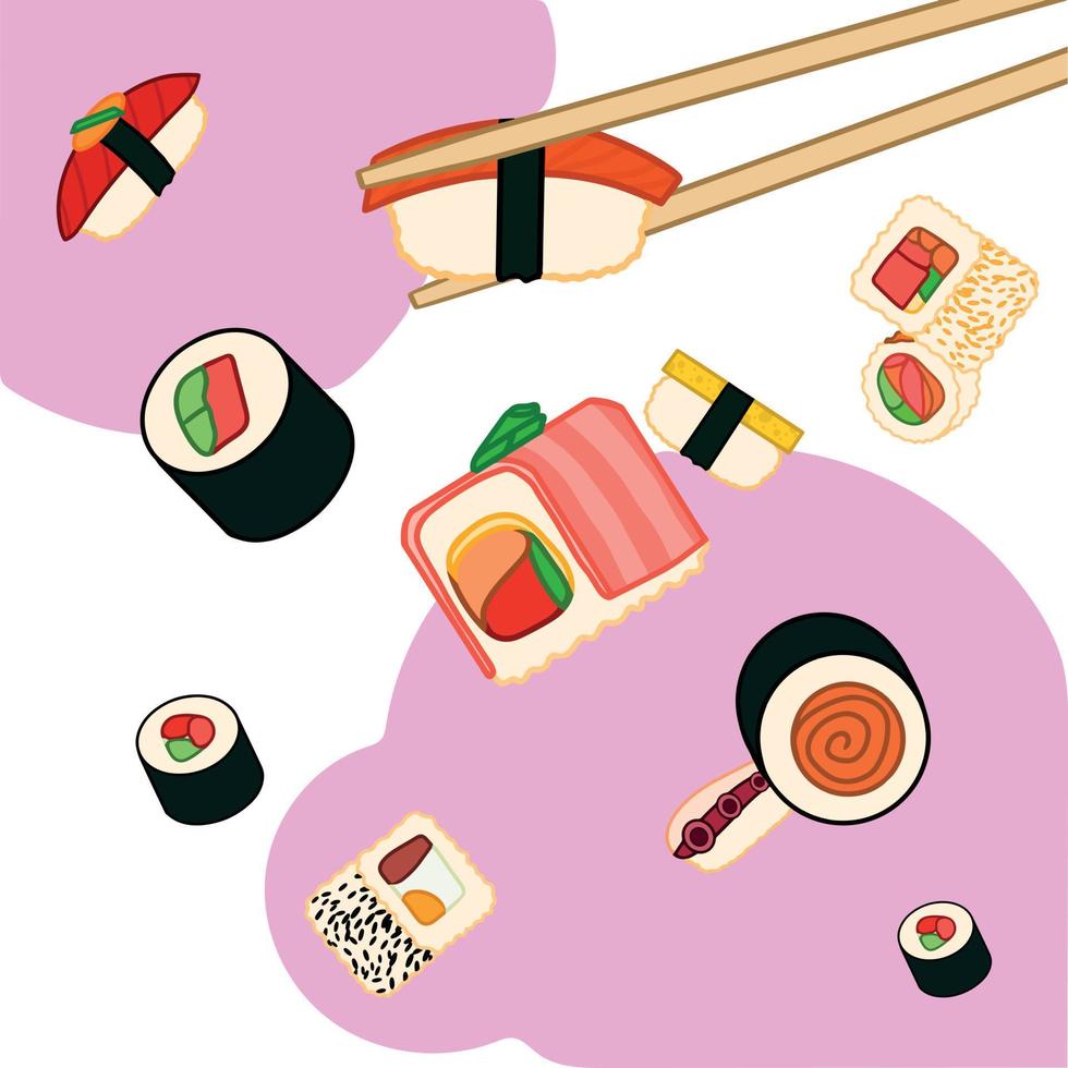 Different types of sushi and rolls levitating in the air. Design element for poster label sign emblem menu. Vector illustration
