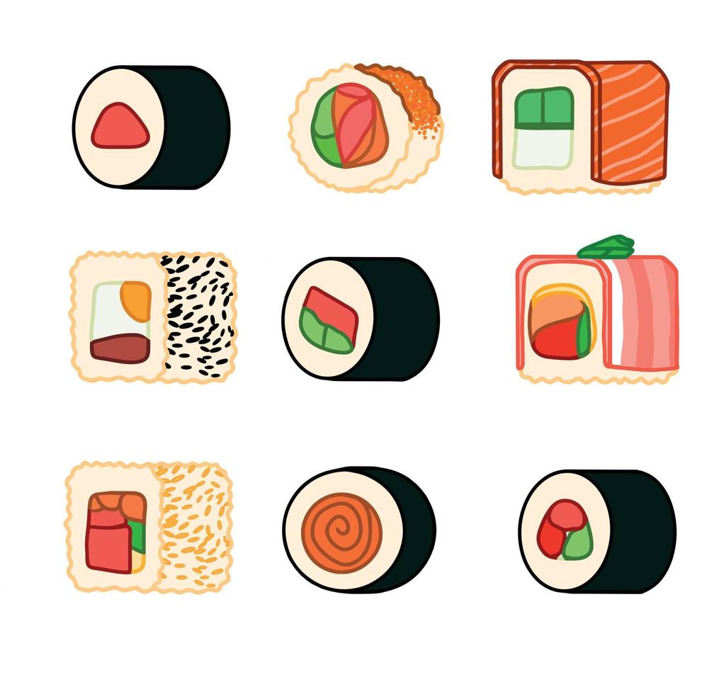 Various types of sushi rolls for use in menus and posters. Set of illustrations of sushi rolls isolation on white background. Vector illustration