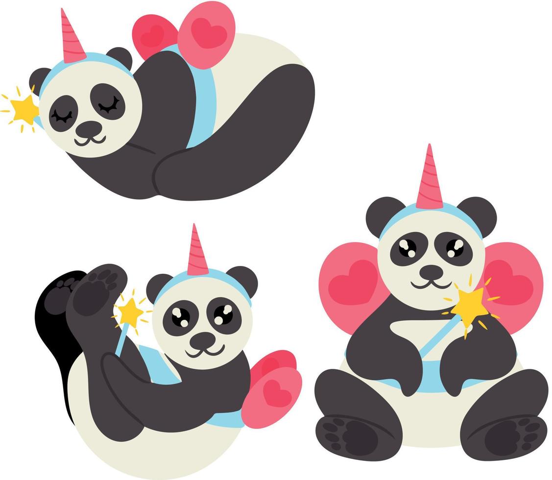 Set of pandas in cute unicorn fairy costume with wings and magic wand. Image isolated on white background and can be used as design element. Vector illustration