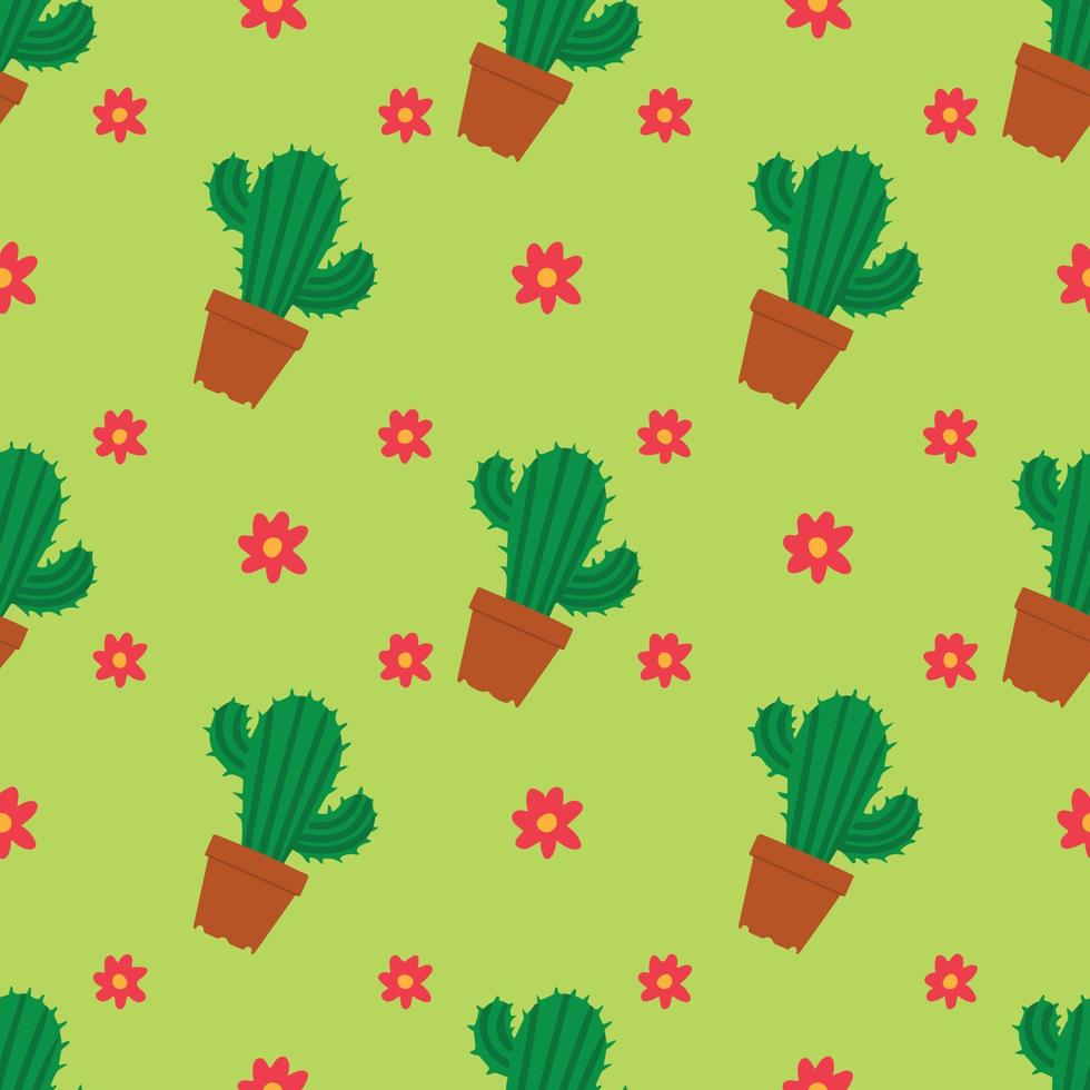 Seamless pattern with potted cacti and flowers. Cacti isolated on colorful green background. Vector illustration. Design element for packages of menu postcards posters decor fabric printing sites