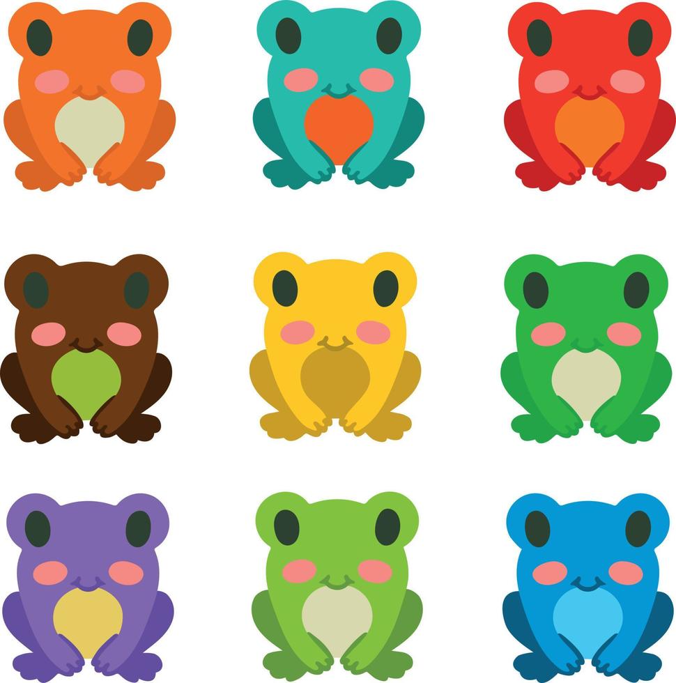 Set of various colored frogs. Multicolored exotic frogs. Collection of frogs isolated on white background. Vector illustration. Design element for sites menu banners brochure posters