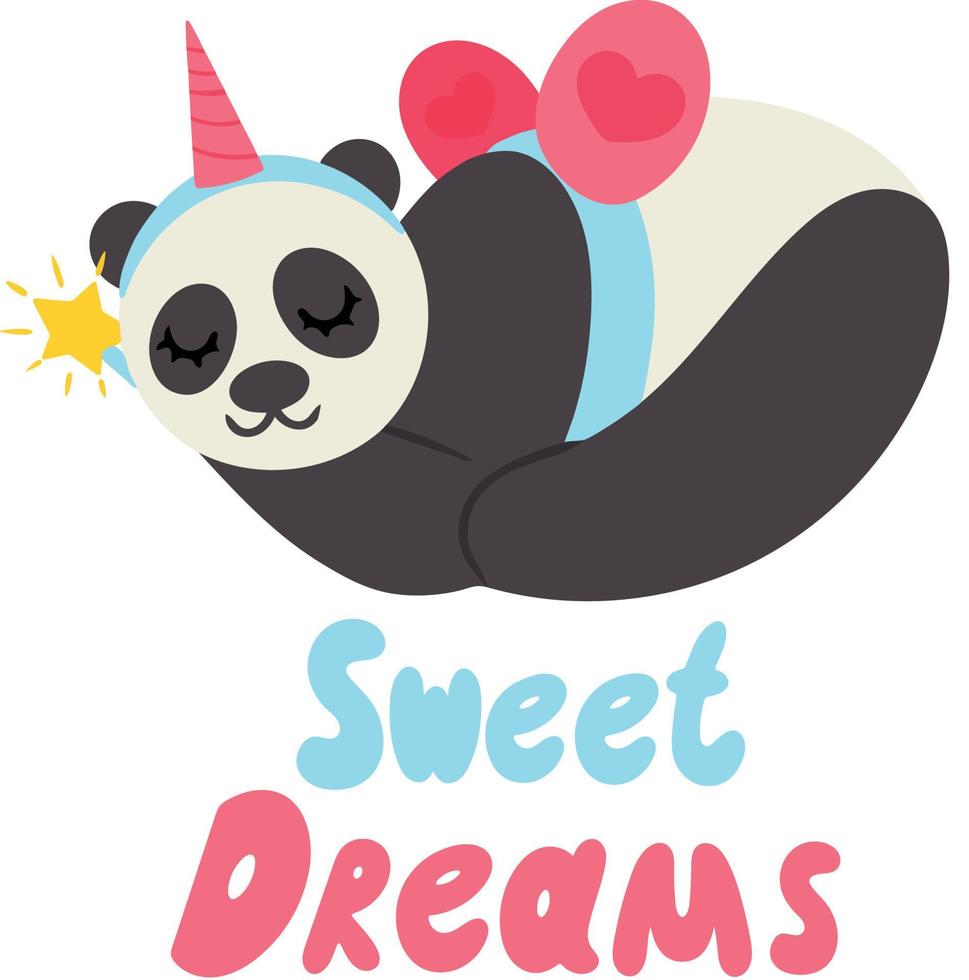 Adorable panda in unicorn fairy costume with magic wand in its paws. Image is isolated on white background with inscription. Vector illustration. Design element